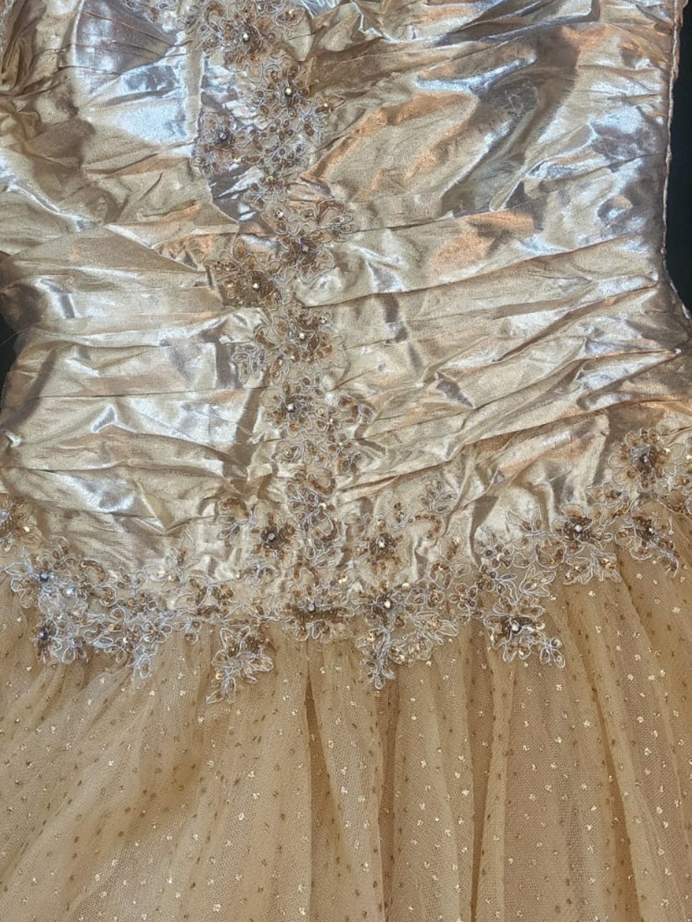 Strapless Gold Lace Appliqué Wedding Dress - Picture 2 of 7